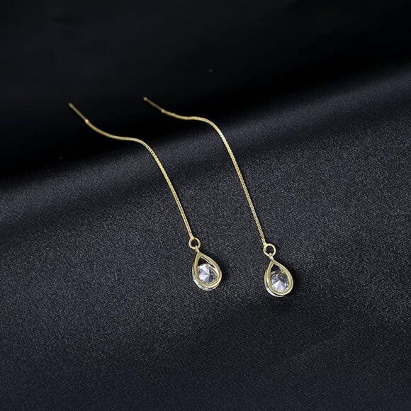 Gold 925 Sterling Silver Threader Earrings CZ Droplet Chain Dangle Earrings Gift - Picture 4 of 6